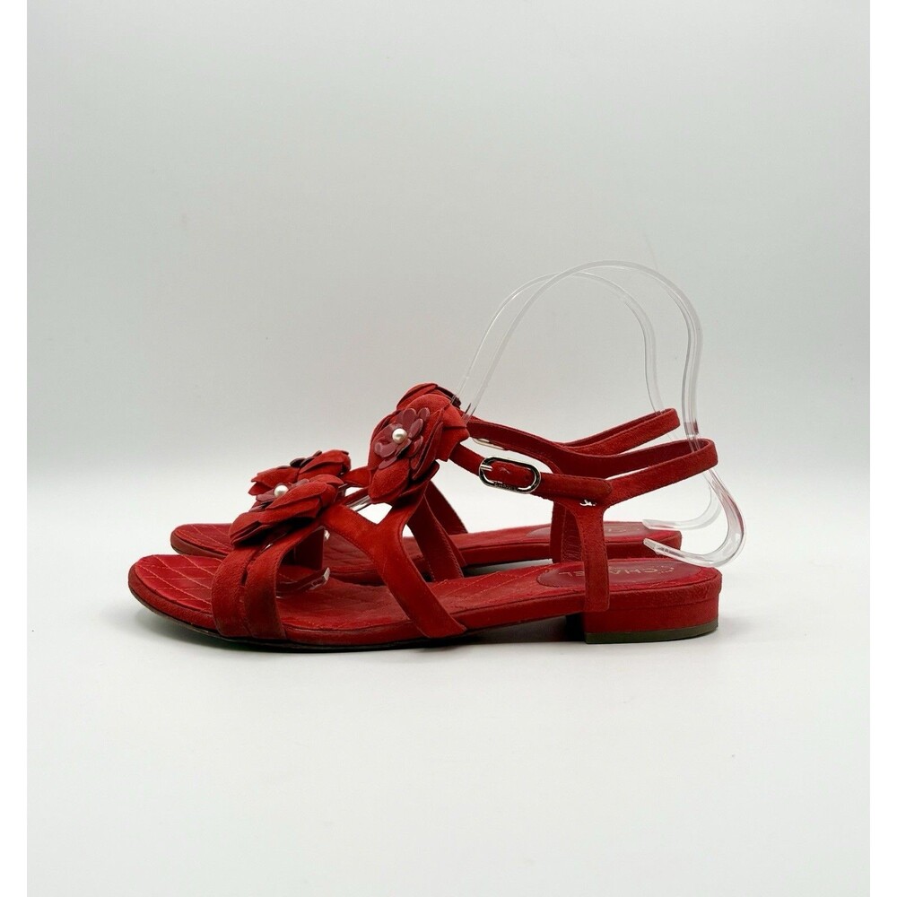 Chanel Red Suede Sandals w/ Camelia Flower Accents Pearls T Strap Size EU 37 - Picture 4 of 13